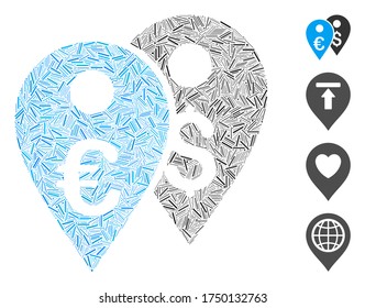Mosaico de línea Icono de marcadores de mapa euro y dólar compuesto de elementos rectos en tamaños variables y tonos de color. Los elementos de línea se organizan en un mosaico vector abstracto icono Marcadores de mapa euro y dólar.