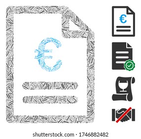 Line mosaic Euro invoice icon united from narrow elements in variable sizes and color hues. Irregular hatch elements are arranged into abstract vector mosaic Euro invoice icon. Bonus icons are added.