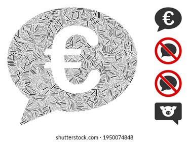 Line mosaic Euro message balloon icon composed of straight items in various sizes and color hues. Line items are grouped into abstract vector collage Euro message balloon icon. Bonus icons are placed.