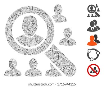 Icono de búsqueda de mosaicos de línea construida a partir de elementos estrechos en tamaños variables y tonos de color. Los elementos de línea de vectores se componen en un icono de composición abstracta de búsqueda de usuarios. Se colocan iconos de bonificación.