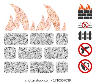 Line mosaic fire wall icon composed of narrow elements in various sizes and color hues. Vector line elements are composed into abstract illustration fire wall icon. Bonus pictograms are placed.