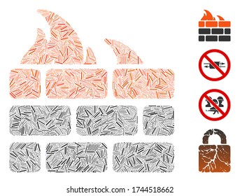 Line Mosaik Firewall Symbol aus geraden Elementen in verschiedenen Größen und Farbtönen organisiert. Zeilenelemente werden zu einem abstrakten Vektormosaik-Firewall-Symbol zusammengefasst. Bonussymbole werden platziert.