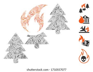 Line mosaic forest fire icon constructed from thin items in variable sizes and color hues. Vector line items are arranged into abstract mosaic forest fire icon. Bonus pictograms are placed.