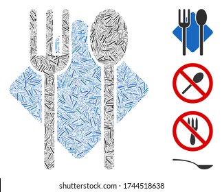 Line mosaic fork and spoon icon united from thin items in various sizes and color hues. Line elements are combined into abstract vector mosaic fork and spoon icon. Bonus icons are added.
