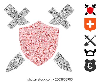 Icono de protección de mosaico de línea construido a partir de elementos estrechos en varios tamaños y tonos de color. Los elementos de la línea del vector se agrupan en un icono de protección de ilustración abstracta.