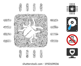 Icono de error de hardware de mosaico de línea construido a partir de elementos finos en varios tamaños y tonos de color. Las partes de línea se organizan en un icono abstracto de error de hardware de mosaico vectorial. Se colocan los iconos de bonificación.
