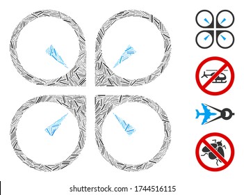 Line mosaic hover drone icon constructed from narrow items in various sizes and color hues. Line items are united into abstract vector collage hover drone icon. Bonus pictograms are added.