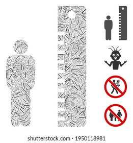Line mosaic man height icon organized from straight items in variable sizes and color hues. Line items are organized into abstract vector collage man height icon. Bonus icons are placed.