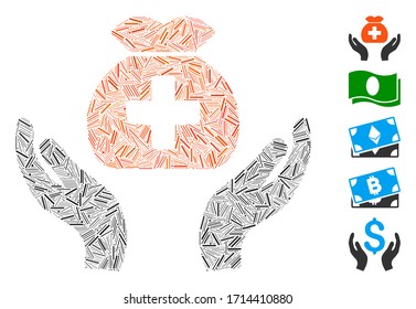 Line mosaic medical fund care hands icon designed from thin items in different sizes and color hues. Vector hatch items are arranged into abstract mosaic medical fund care hands icon.