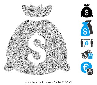 Line mosaic money bag icon united from thin items in various sizes and color hues. Vector linear items are united into abstract collage money bag icon. Bonus icons are placed.