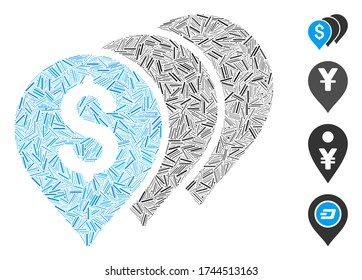 Line mosaic money map pointers icon designed from straight elements in random sizes and color hues. Line elements are organized into abstract vector illustration money map pointers icon.