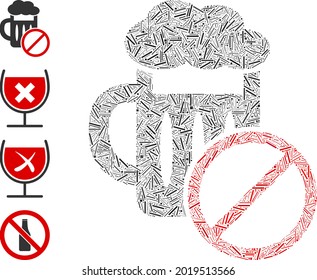 Line mosaic no beer drinking icon organized from thin items in various sizes and color hues. Line items are composed into abstract vector mosaic no beer drinking icon. Bonus pictograms are placed.