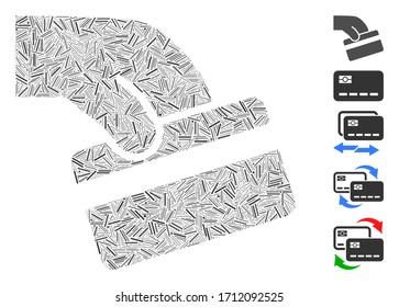 Line mosaic pay card icon organized from straight items in variable sizes and color hues. Vector line parts are organized into abstract illustration pay card icon. Bonus pictograms are added.