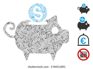 Line Mosaic Piggy Bank Icon Organized From Straight Items In Various Sizes And Color Hues. Linear Items Are Organized Into Abstract Vector Composition Piggy Bank Icon. Bonus Pictograms Are Placed.