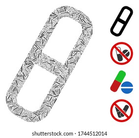 Icono de la píldora de mosaico de línea diseñado a partir de elementos rectos en tamaños aleatorios y tonos de color. Los elementos de línea se combinan en el icono abstracto de la píldora de mosaico vectorial. Se agregan iconos de bonificación.