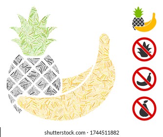 Line mosaic pineapple and banana fruits icon constructed from straight items in different sizes and color hues. Line items are united into abstract vector mosaic pineapple and banana fruits icon.