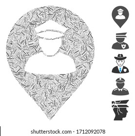 Linienmosaik Polizist Karte Marker Symbol aus geraden Elementen in variabler Größe und Farbtönen. Lineare Elemente der Vektorillustration sind in ein abstraktes Mosaik-Polizisten-Kartenmarkierungssymbol eingeordnet.
