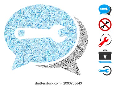 Line mosaic repair chat icon united from straight items in variable sizes and color hues. Vector line items are united into abstract composition repair chat icon. Bonus icons are added.