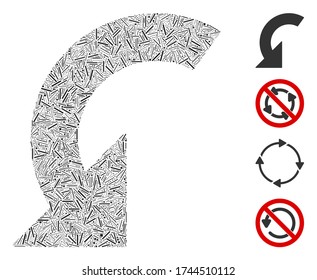Linienmosaik rotieren links Symbol vereint aus schmalen Elementen in verschiedenen Größen und Farbtönen. Zeilenelemente werden in abstrakte Vektorzusammensetzung zusammengesetzt, die linke Symbole rotieren. Bonuspiktogramme werden hinzugefügt.