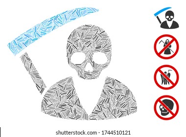 Line mosaic scytheman icon composed of straight items in random sizes and color hues. Irregular hatch items are combined into abstract vector mosaic scytheman icon. Bonus icons are placed.