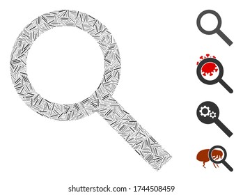 Line mosaic search icon organized from straight items in various sizes and color hues. Lines items are organized into abstract vector mosaic search icon. Bonus pictograms are placed.