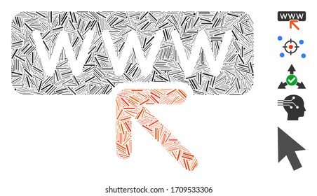 Icono de selección de sitios web de mosaico de línea unidos de elementos estrechos en diferentes tamaños y tonos de color. Los elementos de línea de vectores se agrupan en la ilustración abstracta icono de selección de sitio web. Se añaden pictogramas bonificados.