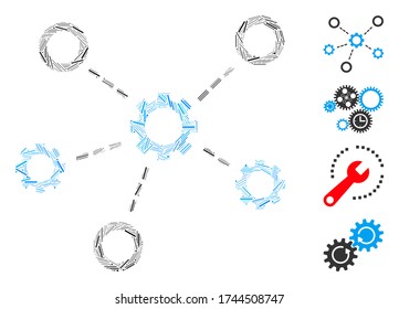 Line mosaic service relations icon organized from narrow items in variable sizes and color hues. Irregular hatch items are combined into abstract vector mosaic service relations icon.