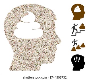 Icono del cabezal de mosaico de líneas de la cabeza de la mierda organizada a partir de elementos estrechos en tamaños aleatorios y tonos de color. Los elementos de línea se organizan en el icono de cabeza de mosaico abstracto de mosaico de cagas de ceguera. Se agregan iconos de bonificación.