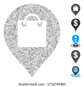 Line mosaic shopping map marker icon constructed from narrow items in variable sizes and color hues. Vector linear items are arranged into abstract mosaic shopping map marker icon.