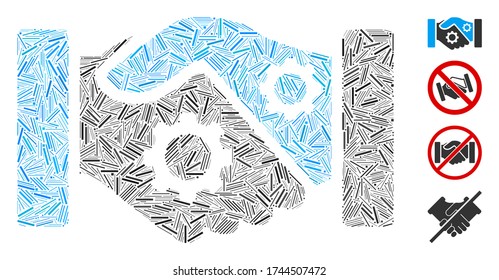 Line mosaic smart contract handshake icon composed of thin elements in variable sizes and color hues. Line elements are united into abstract vector composition smart contract handshake icon.