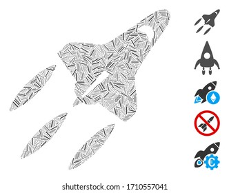 Line mosaic space shuttle icon designed from narrow items in variable sizes and color hues. Vector line items are grouped into abstract mosaic space shuttle icon. Bonus icons are placed.