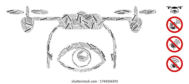 Line mosaic spy drone icon designed from thin items in various sizes and color hues. Lines items are composed into abstract vector mosaic spy drone icon. Bonus pictograms are placed.