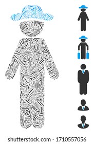 Line mosaic standing gentleman icon designed from straight elements in variable sizes and color hues. Vector hatch parts are arranged into abstract mosaic standing gentleman icon.