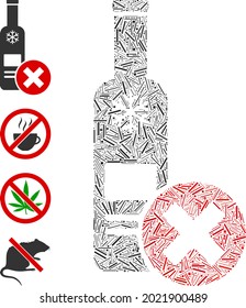 Mosaico de línea detiene el icono de beber vodka unido de elementos finos en varios tamaños y tonos de color. Los elementos de línea se combinan en un icono abstracto de colaje vectorial paran el consumo de vodka. Se colocan los iconos de bonificación.