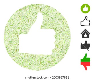 Line Mosaik Daumen-up Symbol aus dünnen Elementen in zufälligen Größen und Farbtönen. Vektorschraffuren werden zu einem abstrakten Mosaikbild zusammengesetzt. Bonuspiktogramme werden hinzugefügt.