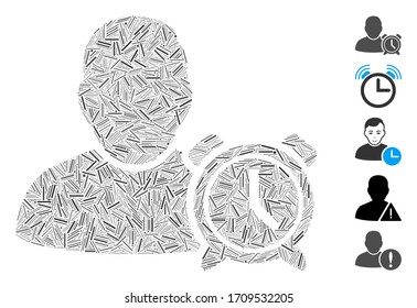 Line mosaic user alarm clock icon organized from narrow items in various sizes and color hues. Vector line items are combined into abstract composition user alarm clock icon. Bonus icons are placed.