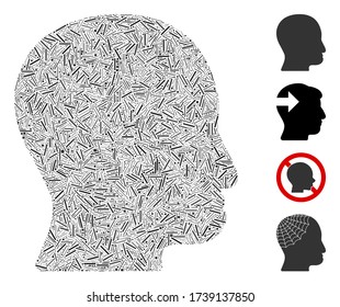 Line mosaic user head icon organized from thin items in random sizes and color hues. Line items are united into abstract vector mosaic user head icon. Bonus pictograms are added.