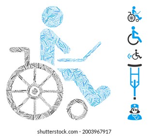 Line mosaic wheelchair icon constructed from straight items in different sizes and color hues. Vector line elements are grouped into abstract mosaic wheelchair icon. Bonus icons are placed.