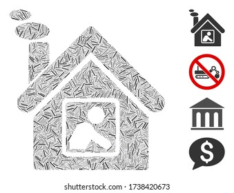 Line Mosaik Werkstatt bauen Symbol vereint aus dünnen Gegenständen in zufälligen Größen und Farbtönen. Line-Elemente sind in abstrakte Vektorcollage Workshop Building Icon angeordnet. Bonussymbole werden platziert.