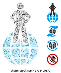 Line mosaic world commander icon composed of straight elements in different sizes and color hues. Lines elements are composed into abstract vector mosaic world commander icon. Bonus icons are placed.
