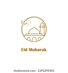 Line Mosque on circle with moon and stats. Vector illustration suitable for islamic greeting banner template,web, and graphic design.