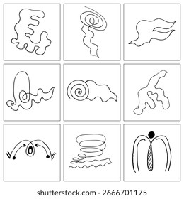 Linha, o elemento mais básico de desenho. variedade de linha, incluindo largura, comprimento, textura, espessura, para adicionar interesse a um desenho ou pintura. Mão desenhada abstrata engraçado line art.