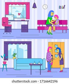 Line mother and daughter in room, vector illustration. Family relationship, parent and kid talking together at home. Motherhood, upbringing little girl and help in communicating with people.