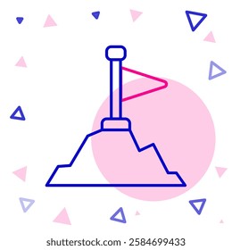 Line Mountains with flag on top icon isolated on white background. Symbol of victory or success concept. Goal achievement. Colorful outline concept. Vector