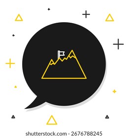 Linha Montanhas com bandeira no ícone superior isolado no fundo branco. Símbolo do conceito de vitória ou sucesso. Meta alcançada. Conceito de contorno colorido. Vetor