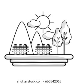 line mountains with grid wood and trees