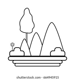 line mountains with plants with flowers and trees