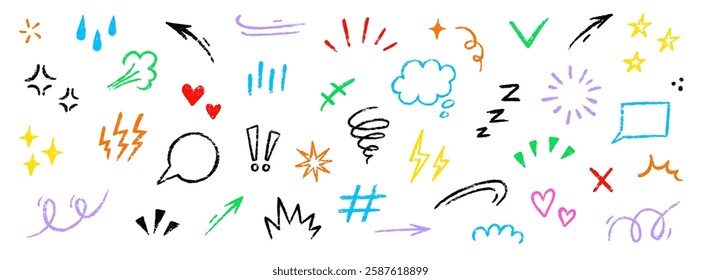 Line movement comic element, cartoon emotion mark effect decoration icon. Hand drawn cute doodle line element arrow, heart, speech bubble. Anime movement, express shape. Vector illustration