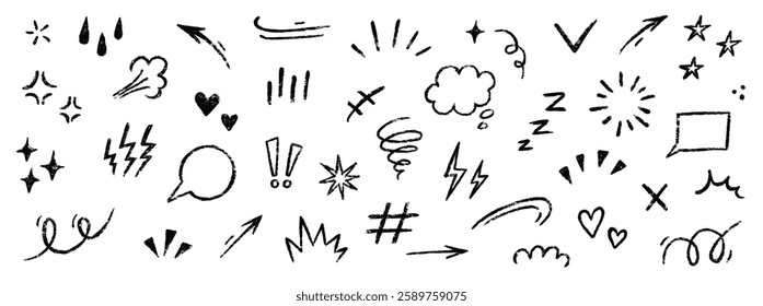 Line movement comic element, cartoon emotion mark effect decoration icon. Hand drawn cute doodle line element arrow, heart, speech bubble. Anime movement, express shape. Vector illustration