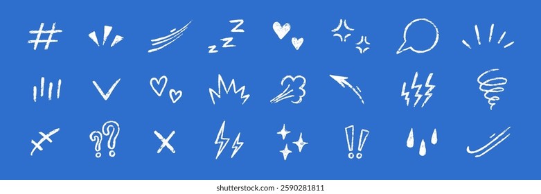Line movement comic element, cartoon emotion mark effect decoration icon. Hand drawn cute doodle line element arrow, emphasis, shock, sparkle. Anime movement, express shape. Vector illustration